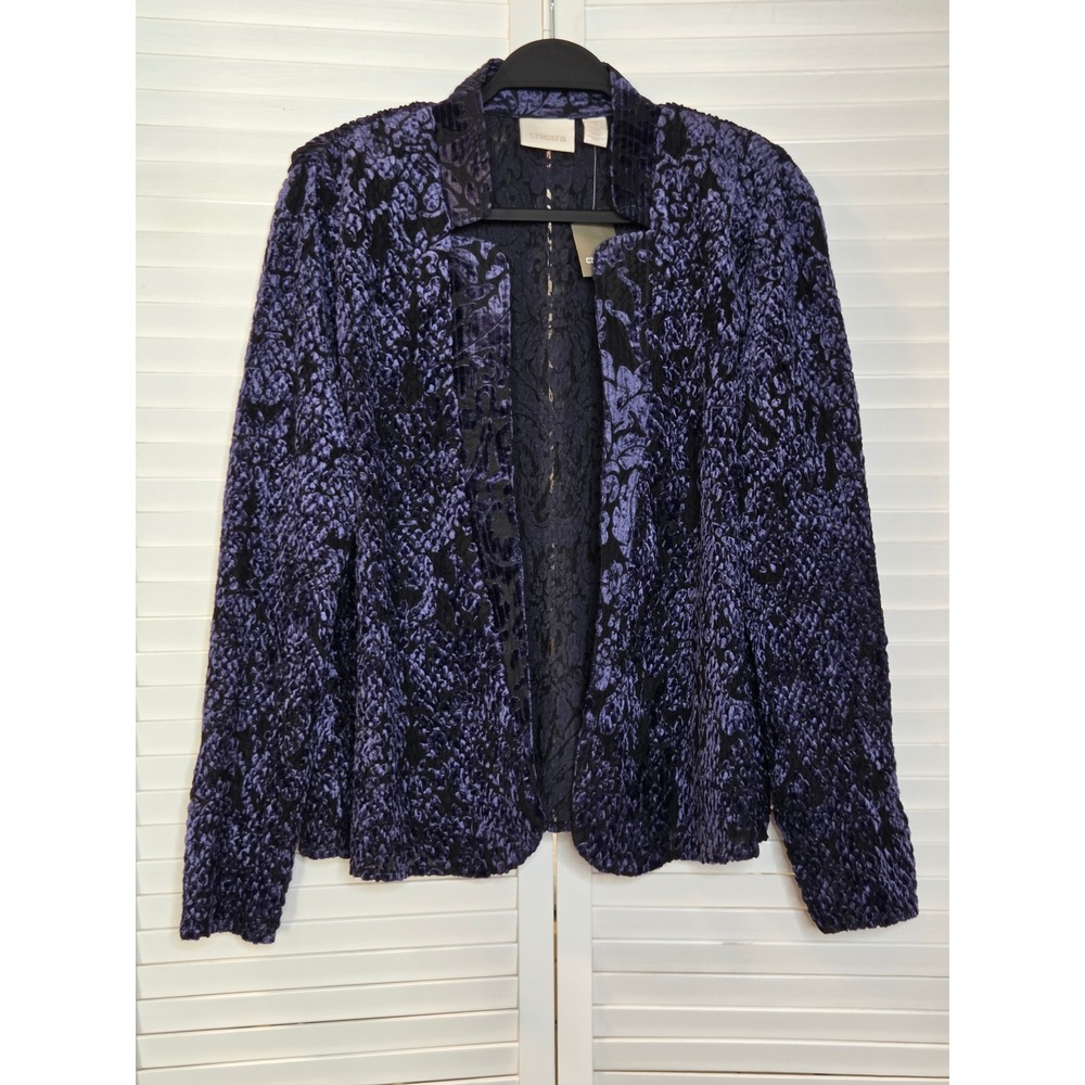 Chico's Crushed Burnout Pattern Jacket 1 M Purple Plumage Velvet Floral Open